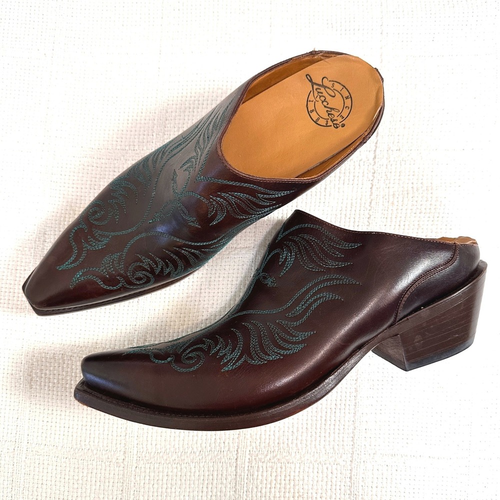 Lucchese Leather Turquoise Embroidered Western Mules Dark Brown Burgundy 9.5 B